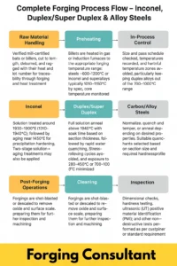 Complete Forging Process Flow – Inconel, Duplex/Super Duplex & Alloy Steels

1. Raw Material Handling